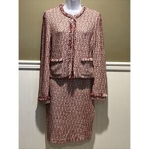 Vtg St John Knit Size 2 Skirt Suit Red & White Tweed Fringed Jacket Full Zip